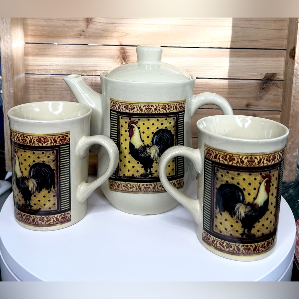 Rooster Tea Pot & 2 Cups Set Country Kitchen Decor